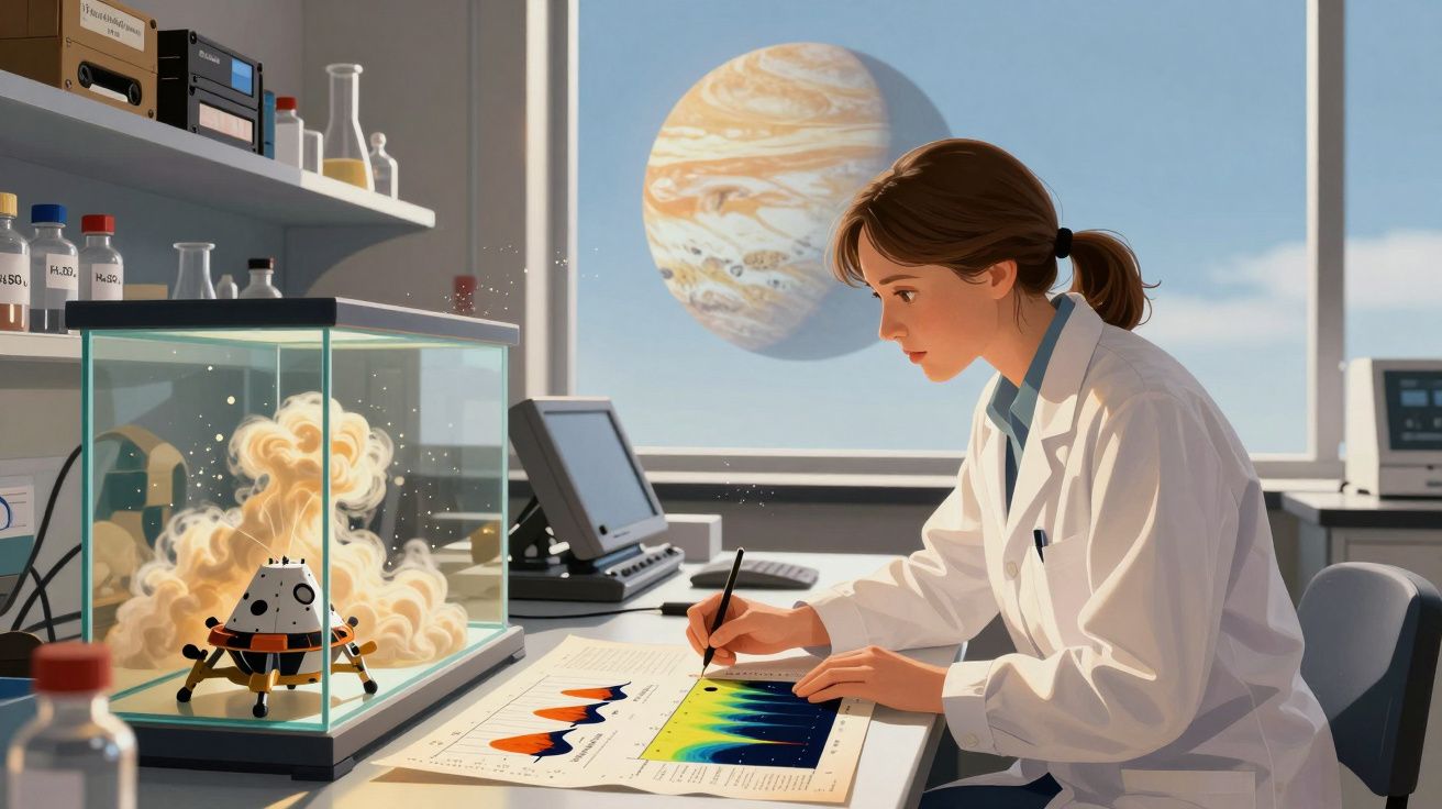 Cientista em laboratório a analisar gráficos com maquete de módulo lunar e planeta gigante na janela.