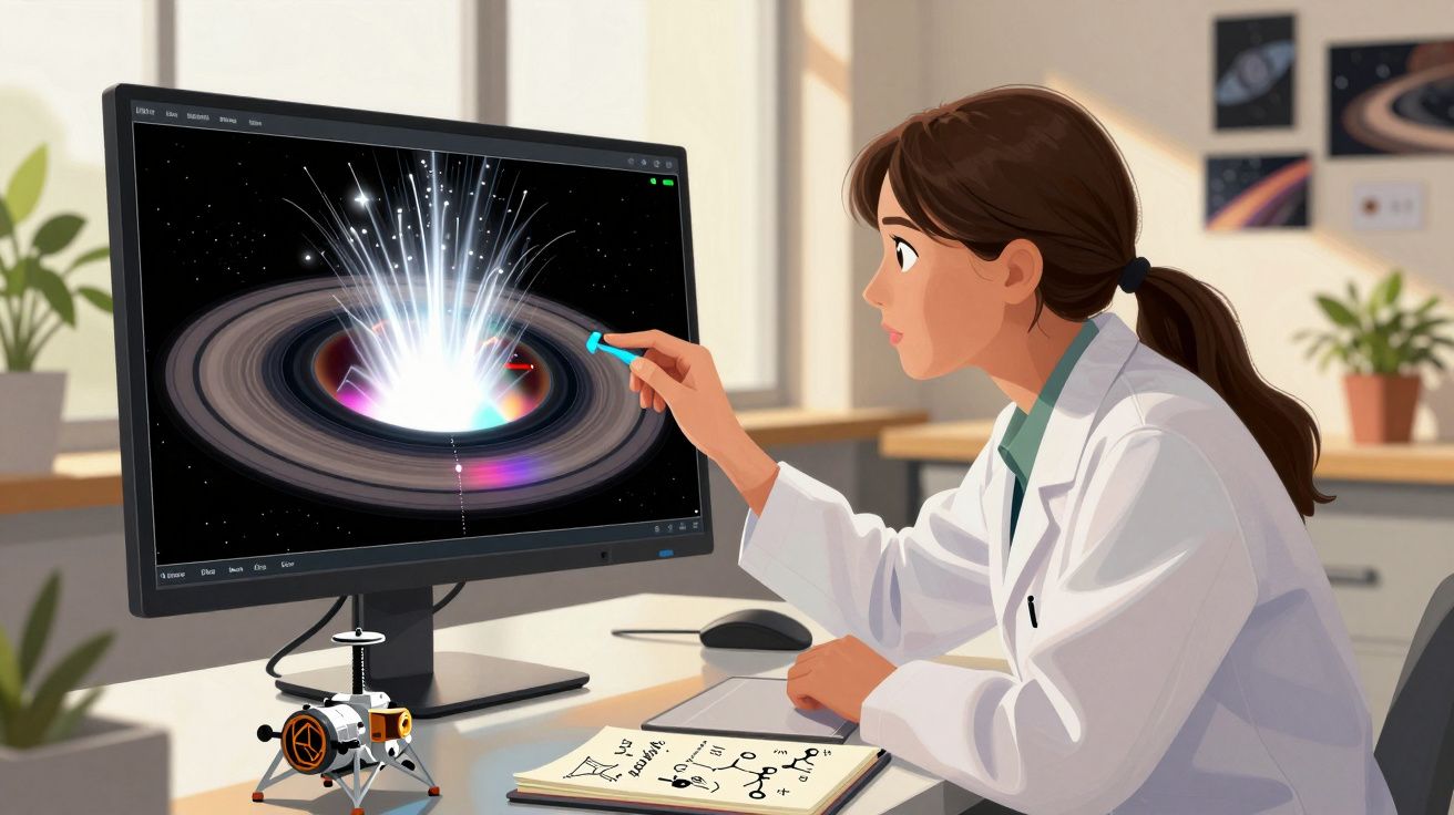 Mulher cientista em laboratório analisa imagem de buraco negro num ecrã de computador.
