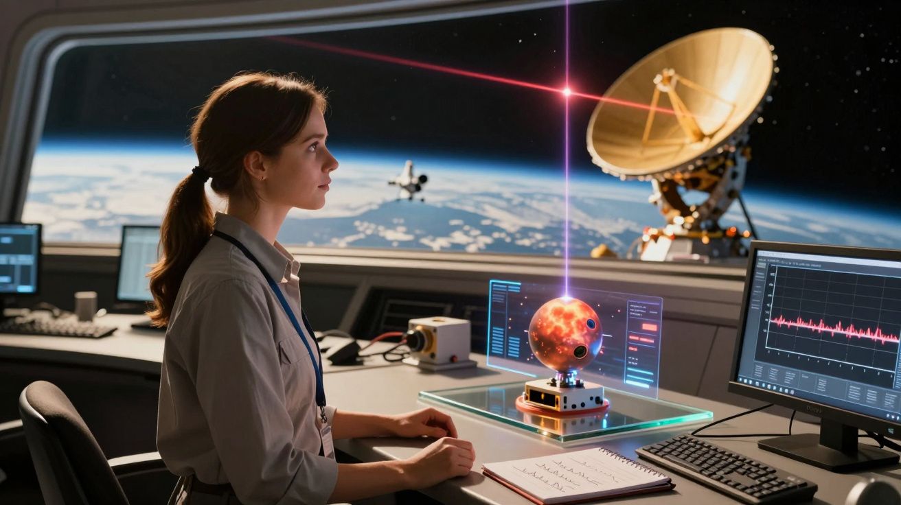 Mulher em estação espacial observando modelo planetário e dados em ecrãs com Terra ao fundo.