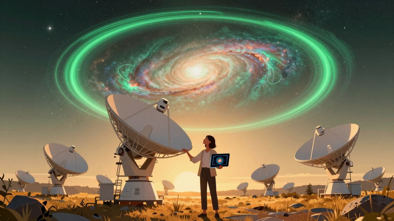 Mulher com tablet observa antenas parabólicas sob galáxia luminosa com anéis verdes no céu ao pôr do sol.