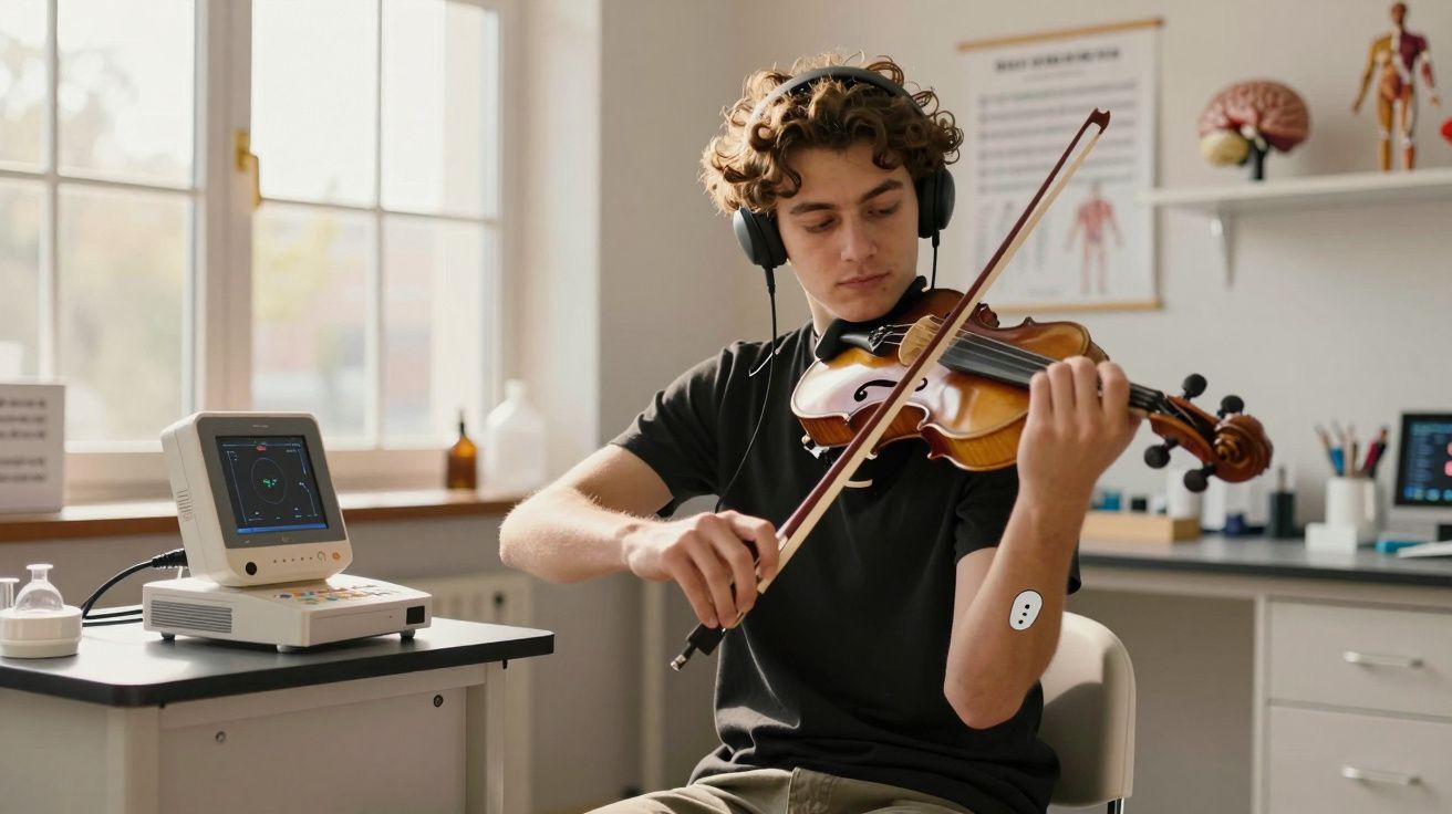 Jovem a tocar violino com auscultadores, sentado numa cadeira, num consultório com equipamento médico e modelos anatómicos.