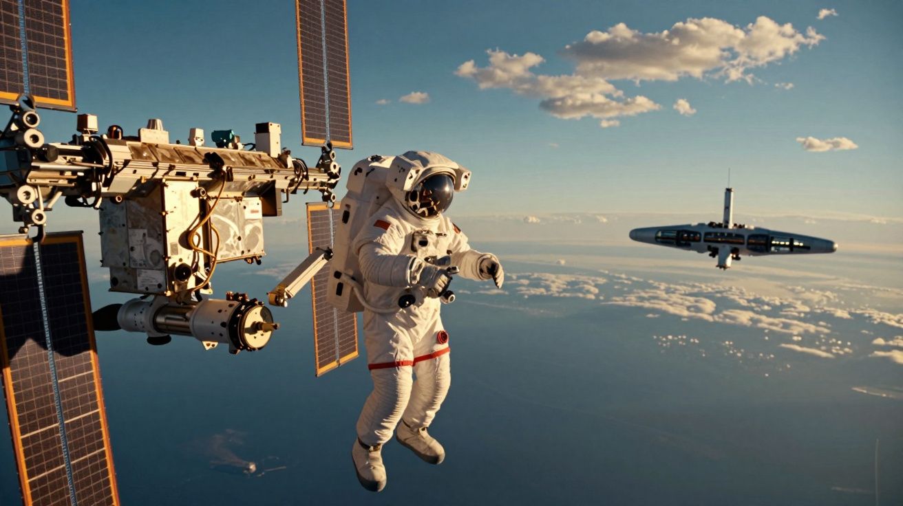 Astronauta em fato espacial flutua perto de estrutura com painéis solares e satélite sobre a Terra.