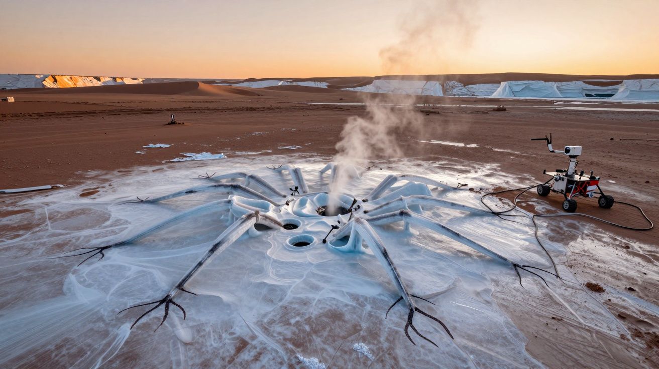Equipamento científico num deserto, com vapor a sair de instalações circulares no solo, e um rover na direita ao pôr do sol.