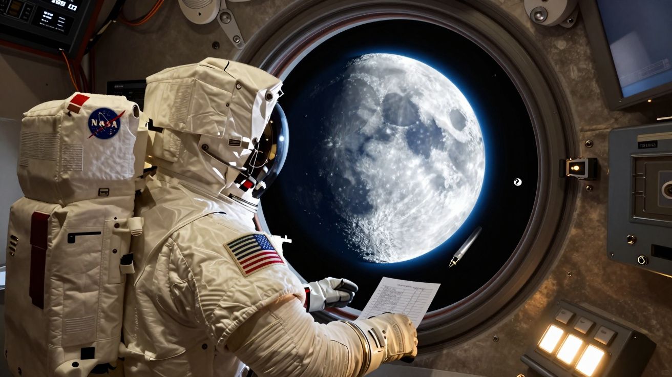 Astronauta com fato espacial observa a Lua pela janela da nave, segurando um documento.