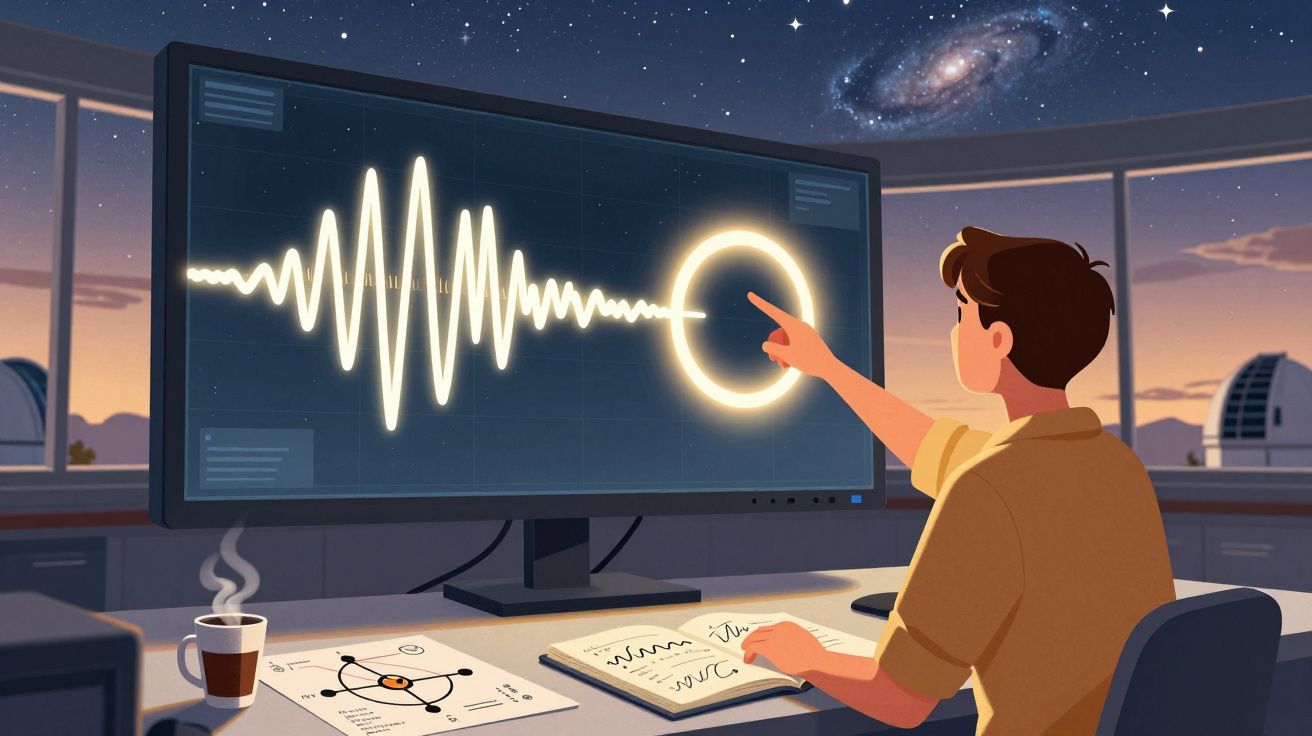 Pessoa a estudar sinais sonoros num computador numa sala com vista para o céu noturno estrelado e galáxia.