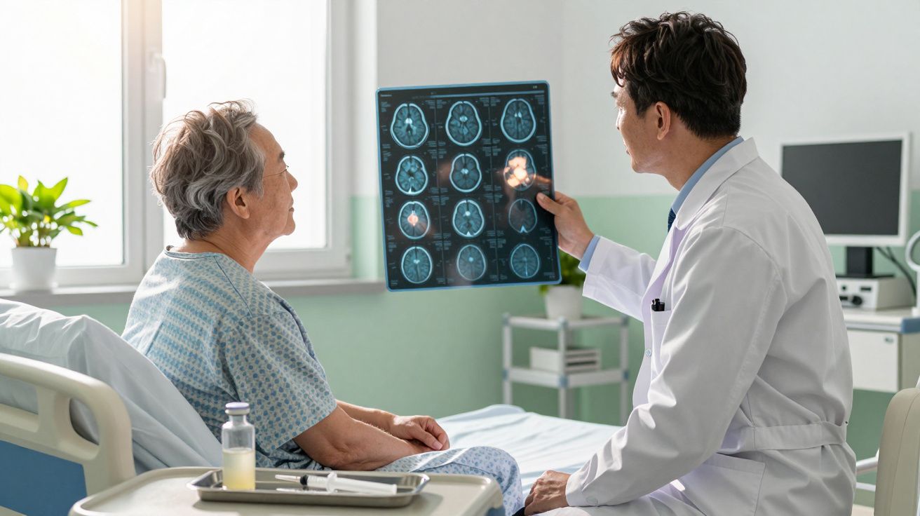 Médico explica a uma paciente idosa os resultados de uma ecografia ao cérebro num quarto de hospital.