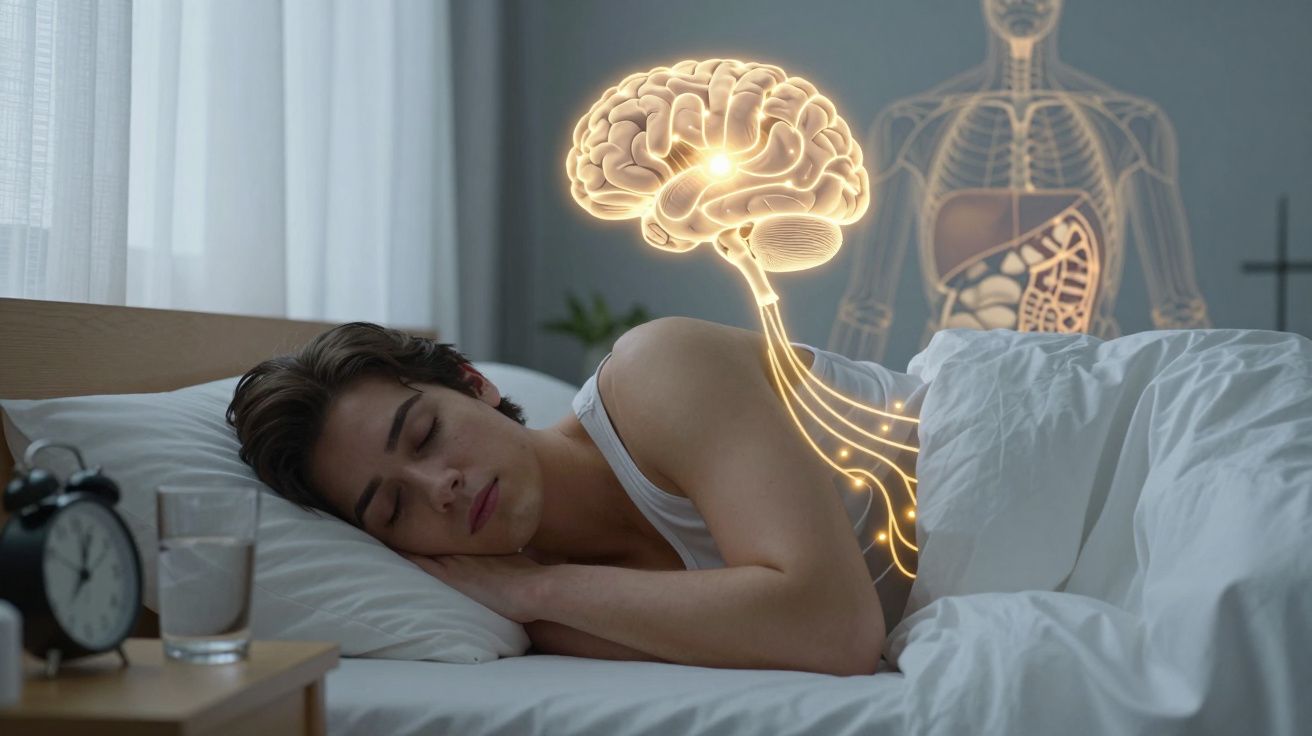 Jovem a dormir de lado numa cama com ilustração luminosa do cérebro e sistema nervoso em destaque.