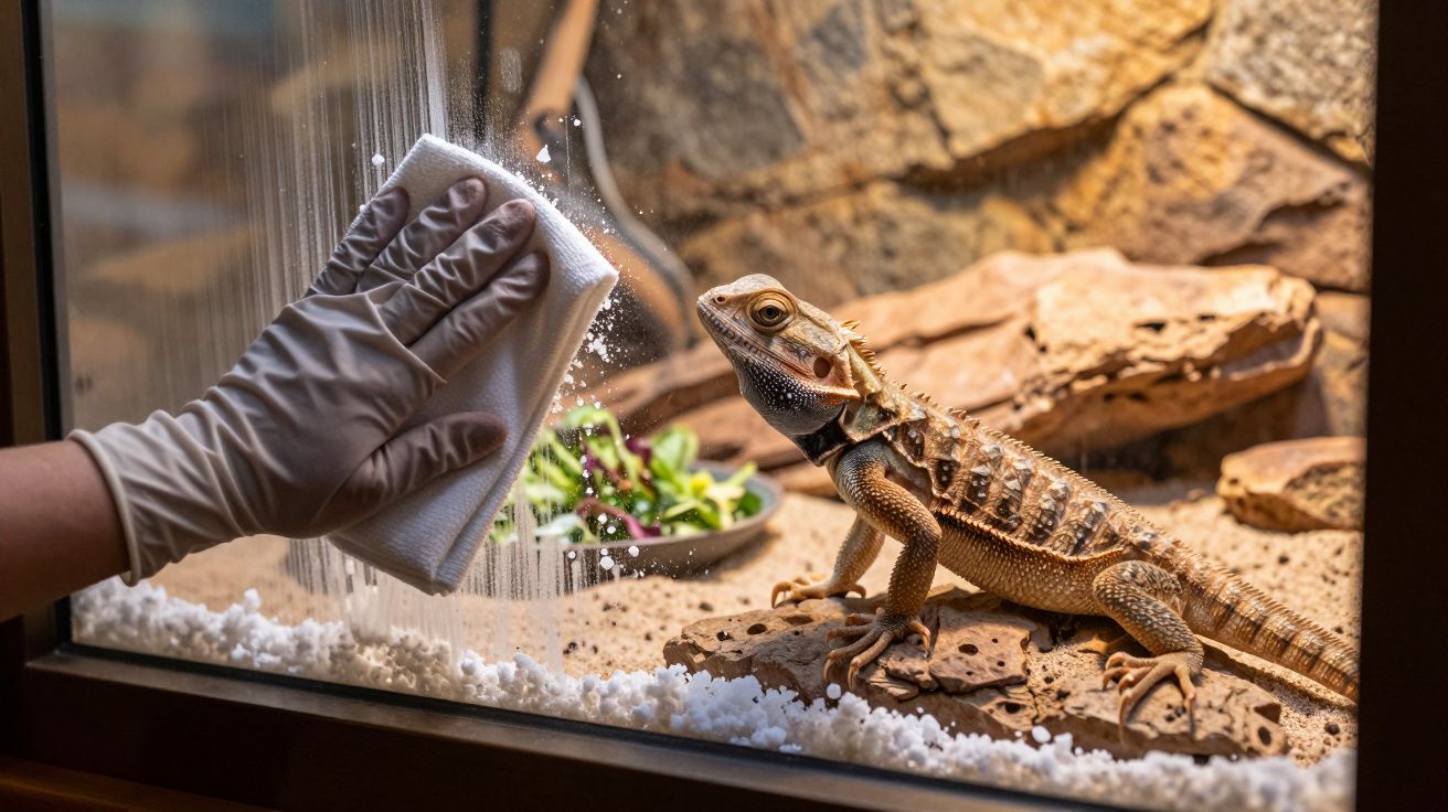 Mão com luva a limpar o vidro de um terrário onde está um lagarto sobre uma pedra.