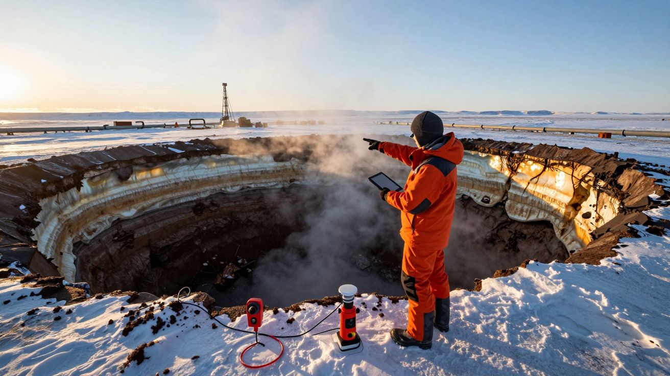 Investigador em fato laranja junto a cratera emitindo vapor numa paisagem nevada e aberta ao pôr do sol.