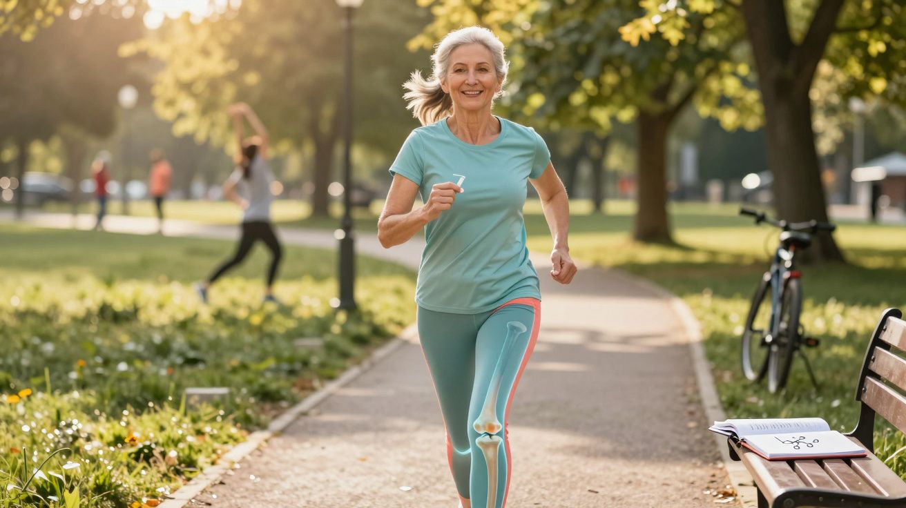 Mulher sénior a correr no parque com destaque gráfico nos ossos da perna para promover saúde óssea.