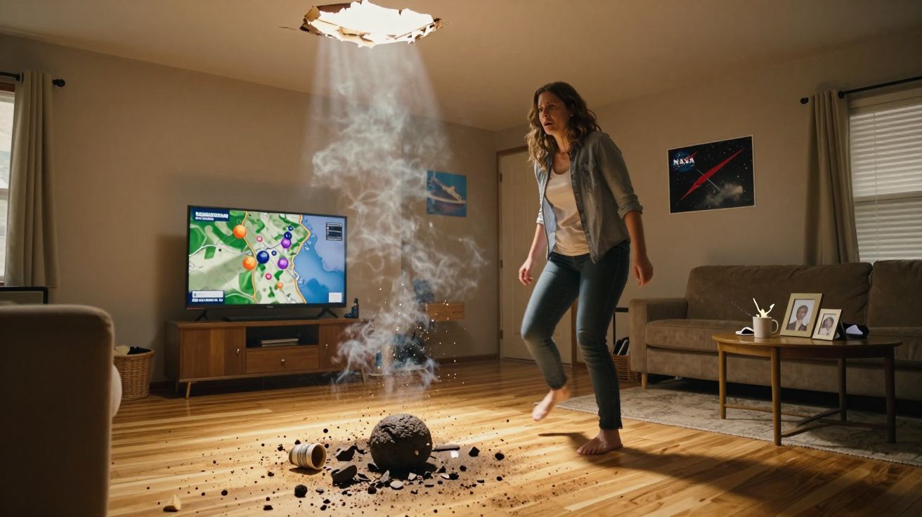 Mulher surpreendida com buraco no teto e bola fumegante partida no chão da sala.