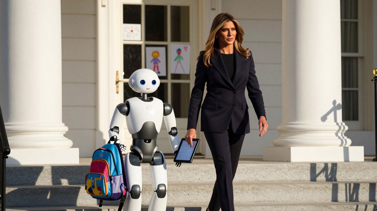 Mulher de fato preto caminha ao lado de robô branco que segura mochila e tablet em escadaria exterior.