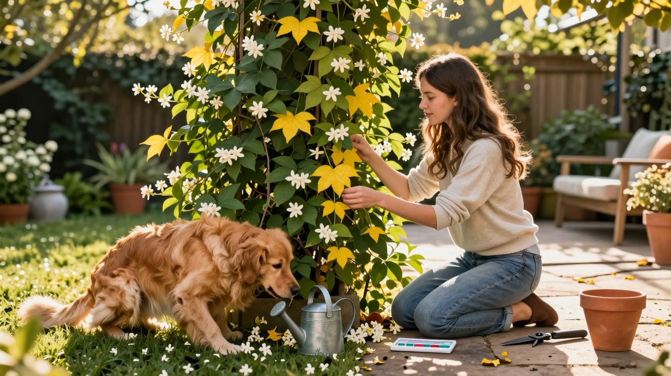 Mulher rega plantas com flores brancas no jardim, enquanto cão dourado observa próximo dela.