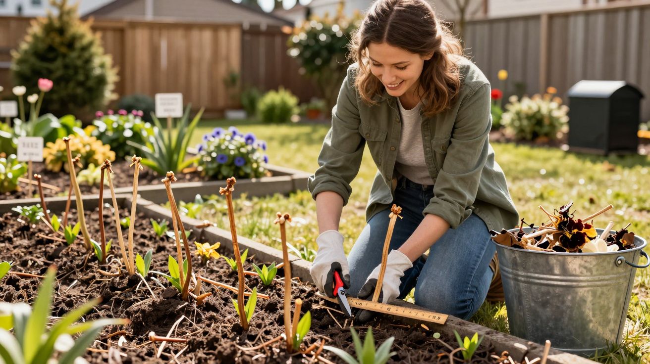 Mulher a trabalhar num jardim, a cortar ramos e a cuidar das plantas numa manhã ensolarada.