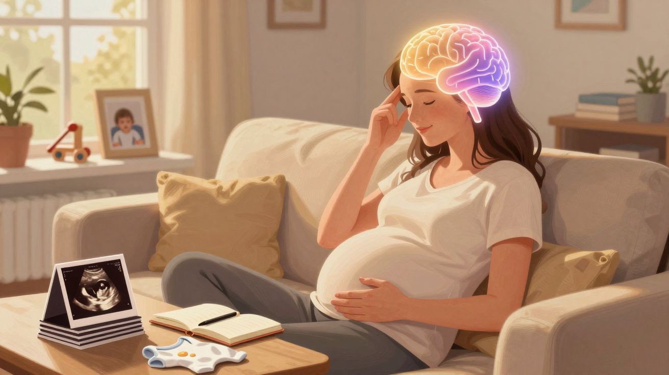 Mulher grávida sentada no sofá com imagem de cérebro iluminado, segurando a barriga e olhando para o ultrassom.
