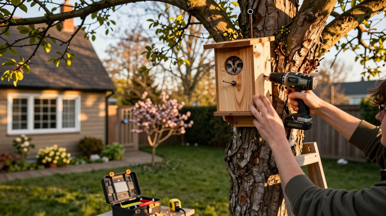 Pessoa a instalar casa-ninho numa árvore com uma furadeira, com coruja dentro e jardim ao fundo.