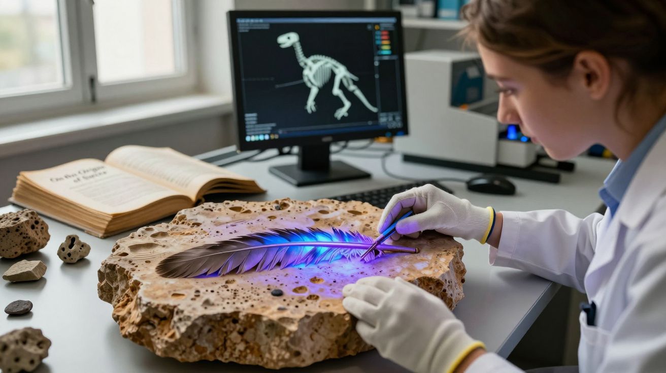 Cientista examina pena fossilizada usando luz ultravioleta em laboratório com esqueleto de dinossauro no ecrã.