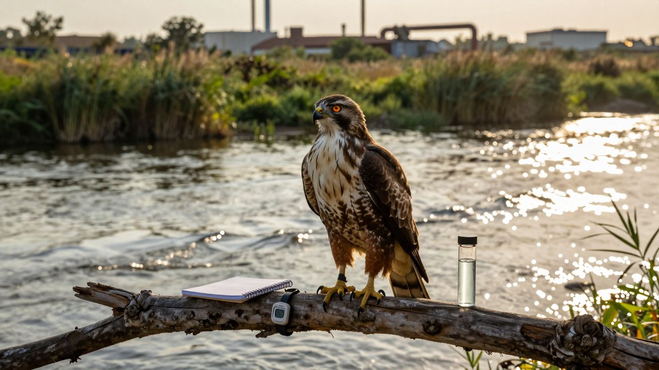 Águia pousada num ramo junto a um rio, com caderno, dispositivo e frasco colocados no ramo.