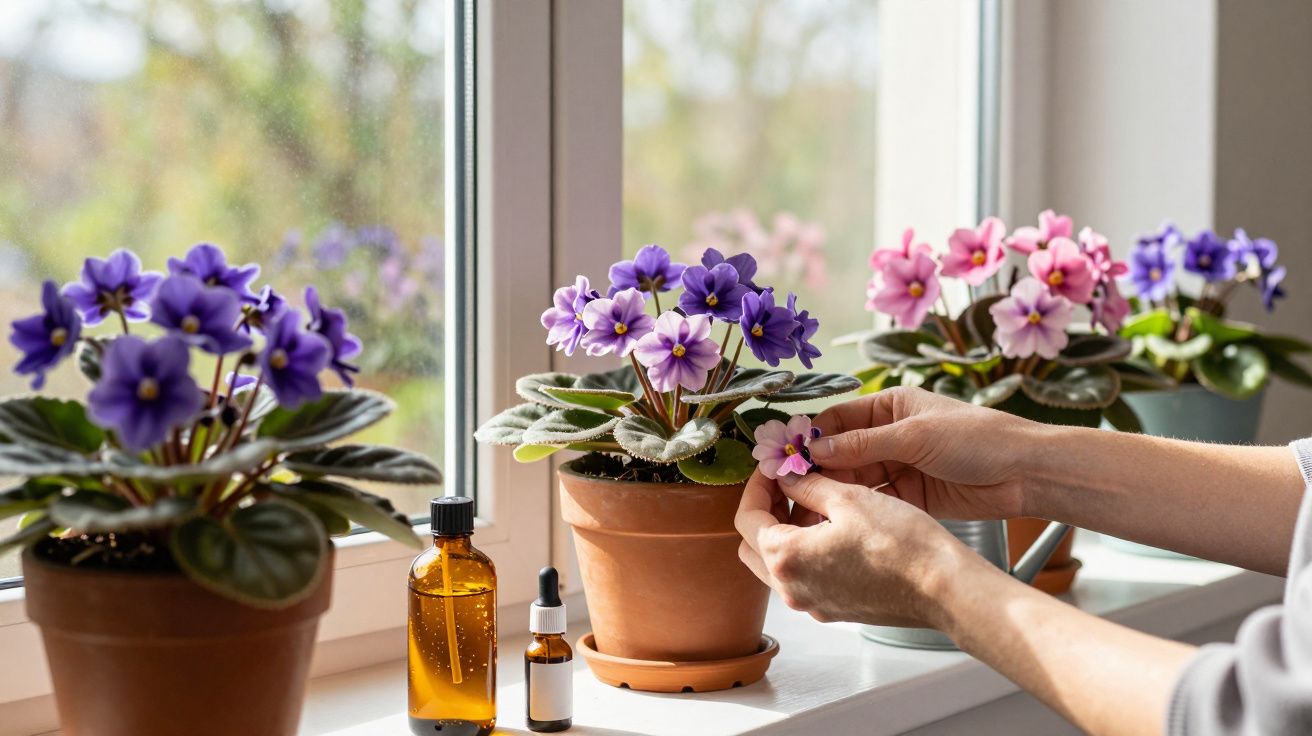 Mãos a cuidar de violetas em vasos na janela, com frascos de óleo e gotas ao lado.