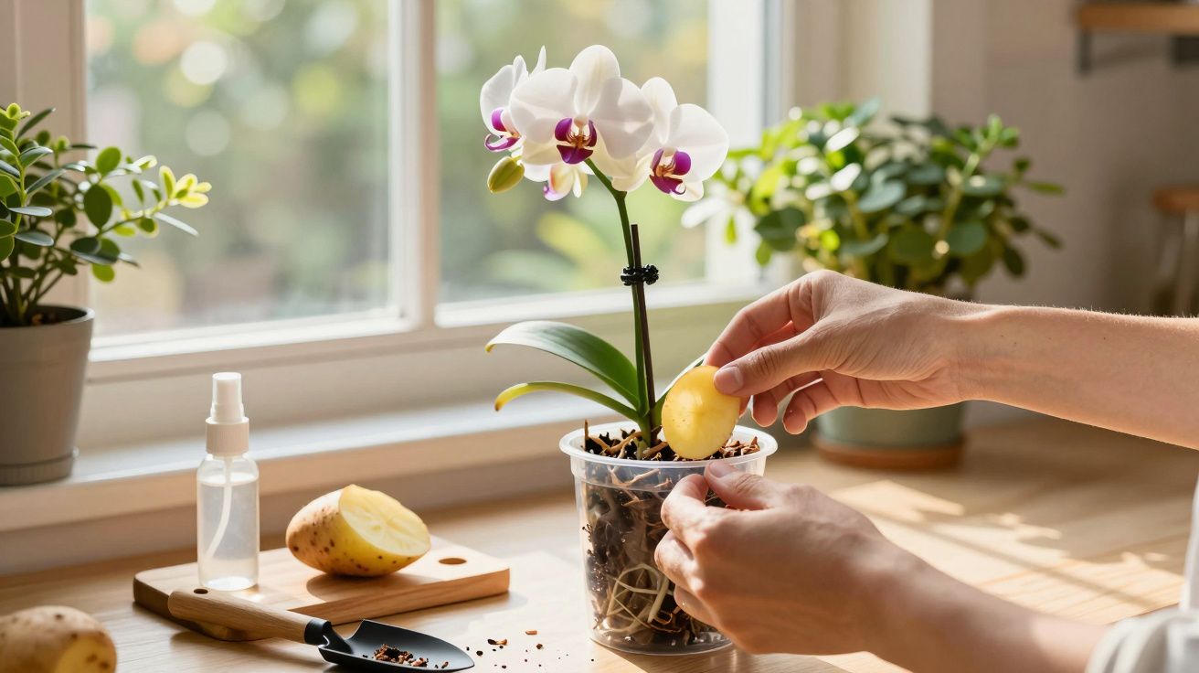 Mãos a plantar batatas junto a orquídea branca num vaso transparente num ambiente com luz natural.