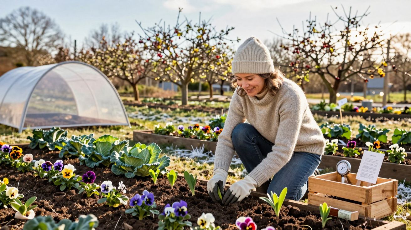 Jovem a plantar flores numa horta ao ar livre, com árvores e caixa de madeira ao lado.