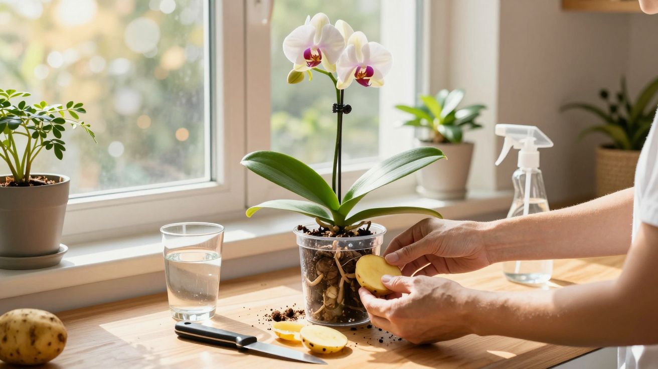 Pessoa a cuidar de orquídea ao lado de janela, com batatas e regador no balcão de madeira.