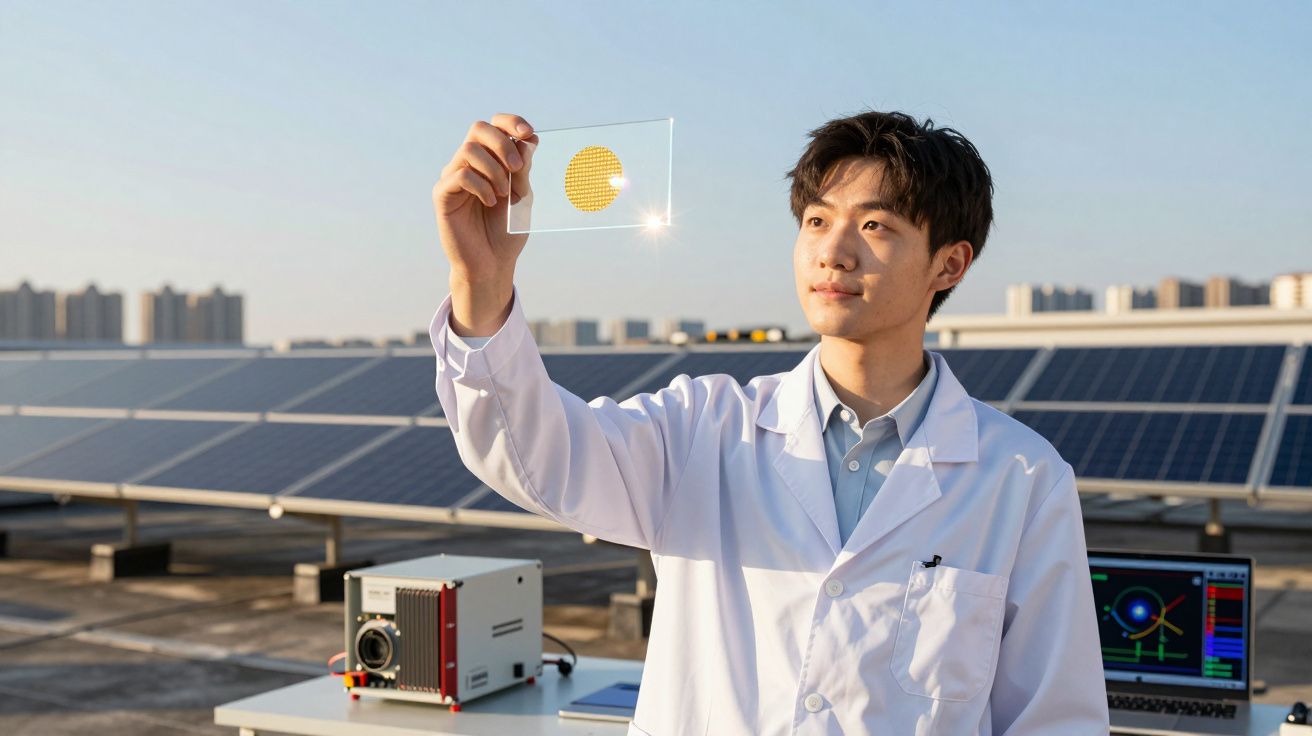 Homem com bata branca examina célula solar num painel solar ao ar livre sob luz do sol.