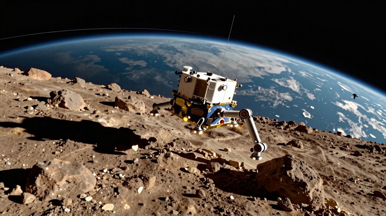 Sonda espacial robótica pousada numa superfície pedregosa de um asteroide com a Terra visível ao fundo no espaço.