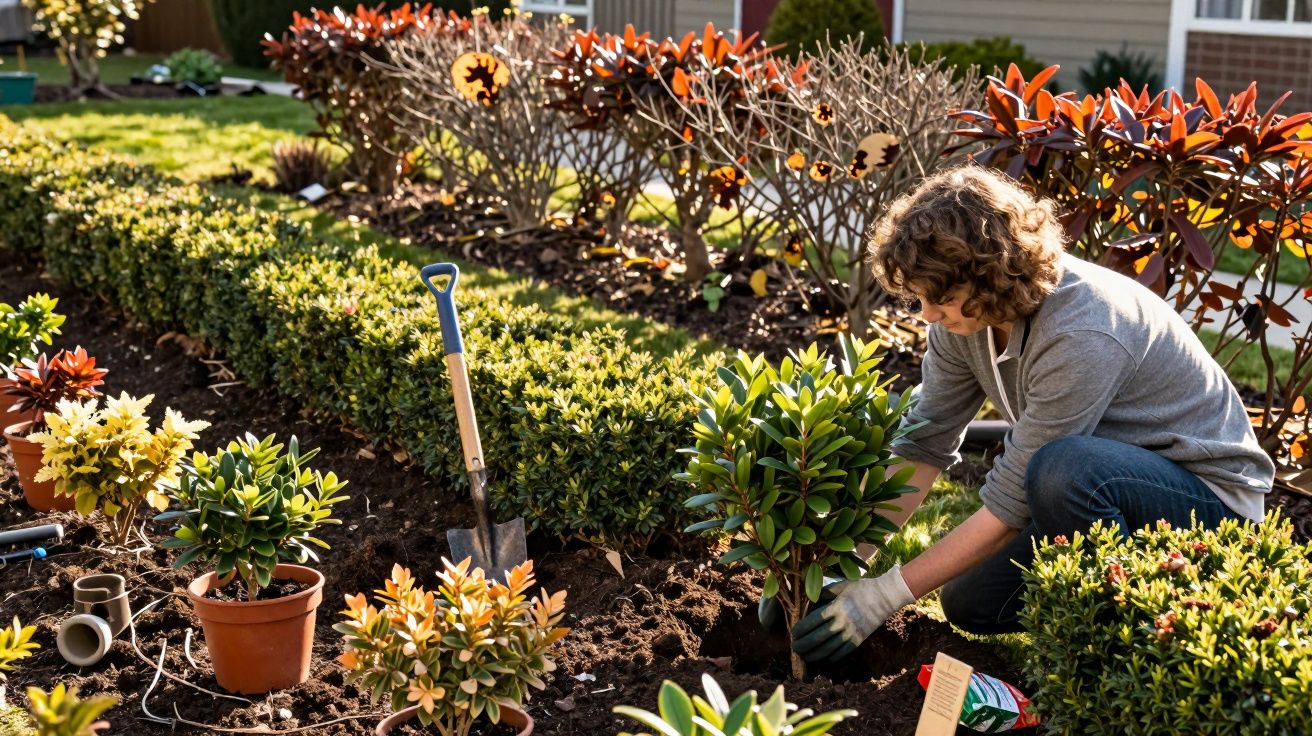 Pessoa a plantar arbusto num jardim com luvas e ferramentas ao redor numa manhã solarenga.