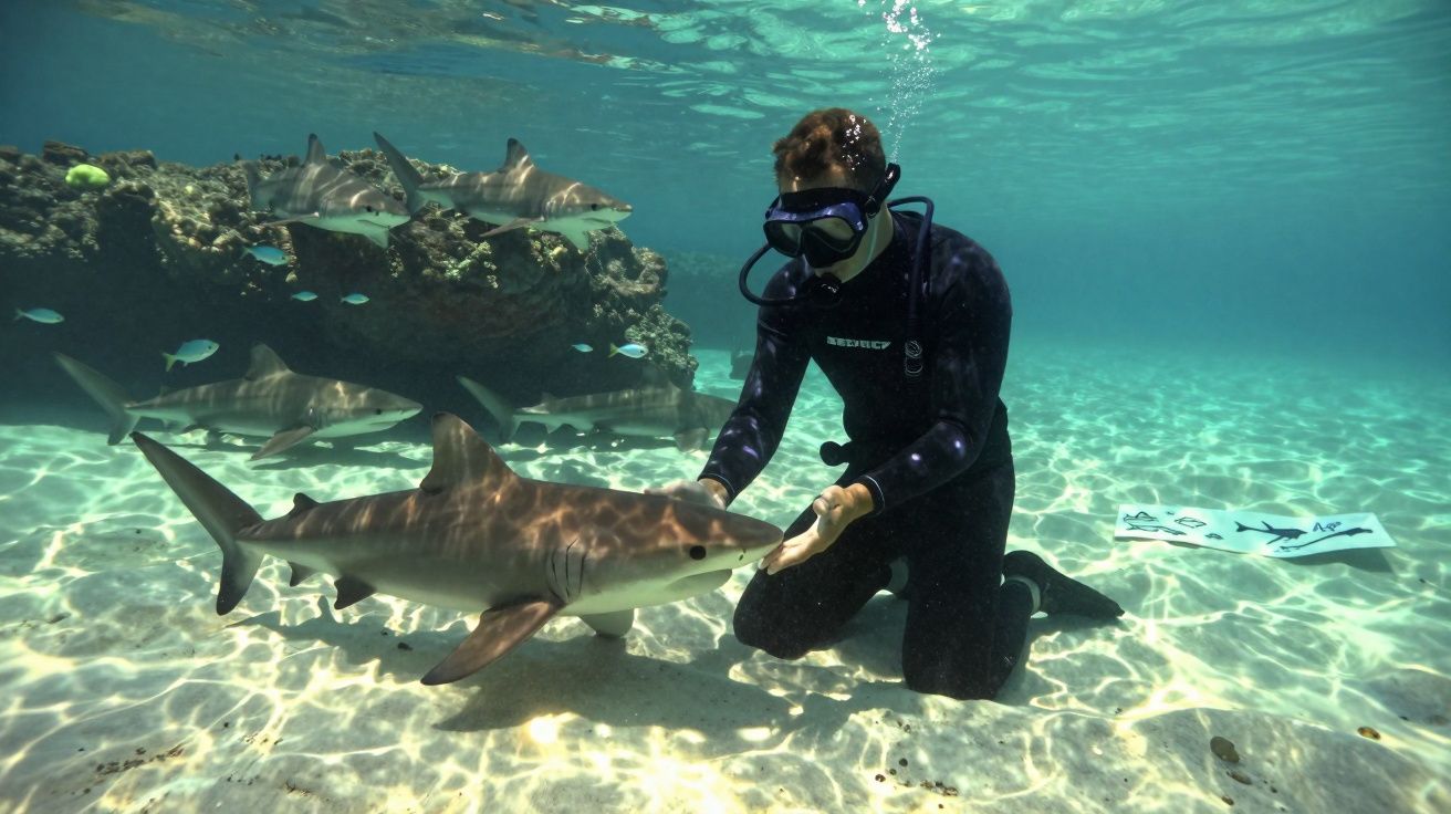 Mergulhador a alimentar e interagir com um tubarão a poucos centímetros, rodeados por mais tubarões em águas claras.