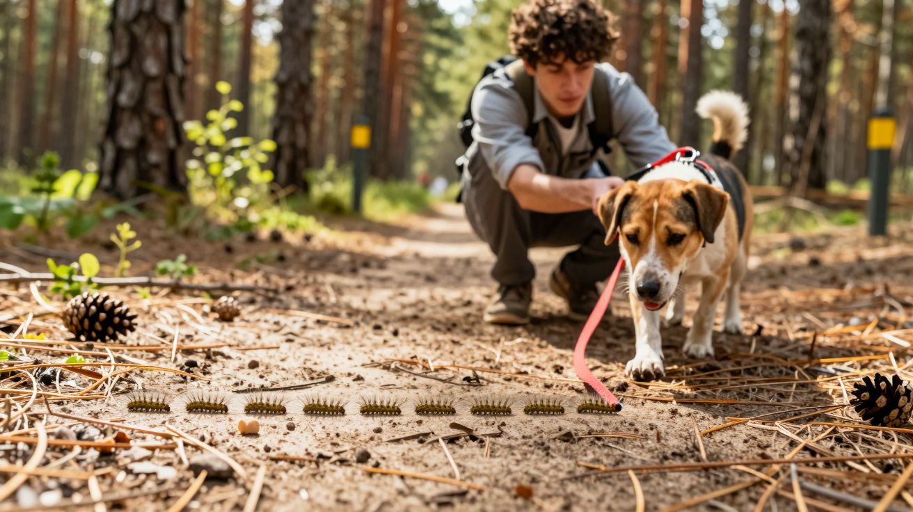 Jovem com cão observa uma fila de lagartas num caminho de floresta com pinheiros e pinhas.