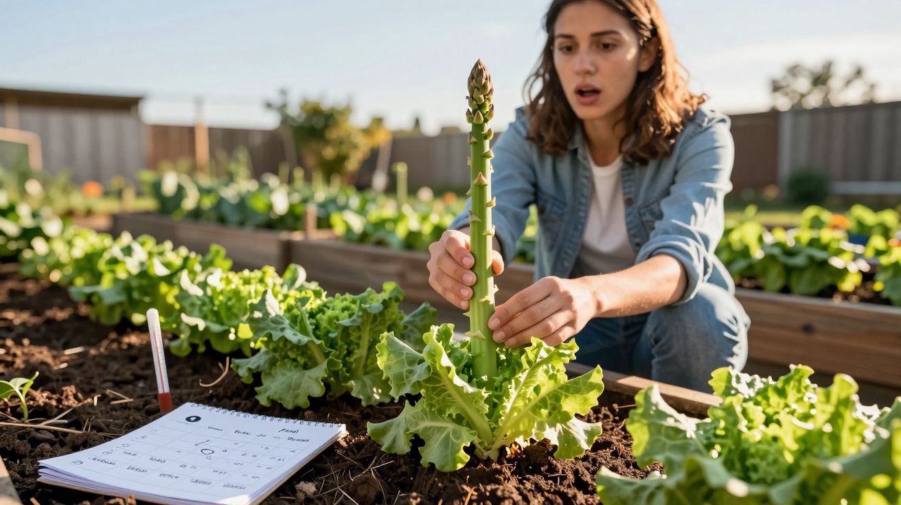 Mulher a observar e segurar um espargo numa horta urbana com cadernetas de anotações ao lado.