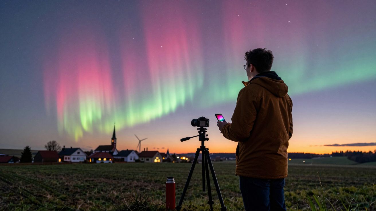 Pessoa com casaco observa e fotografa aurora boreal em campo perto de aldeia ao entardecer.