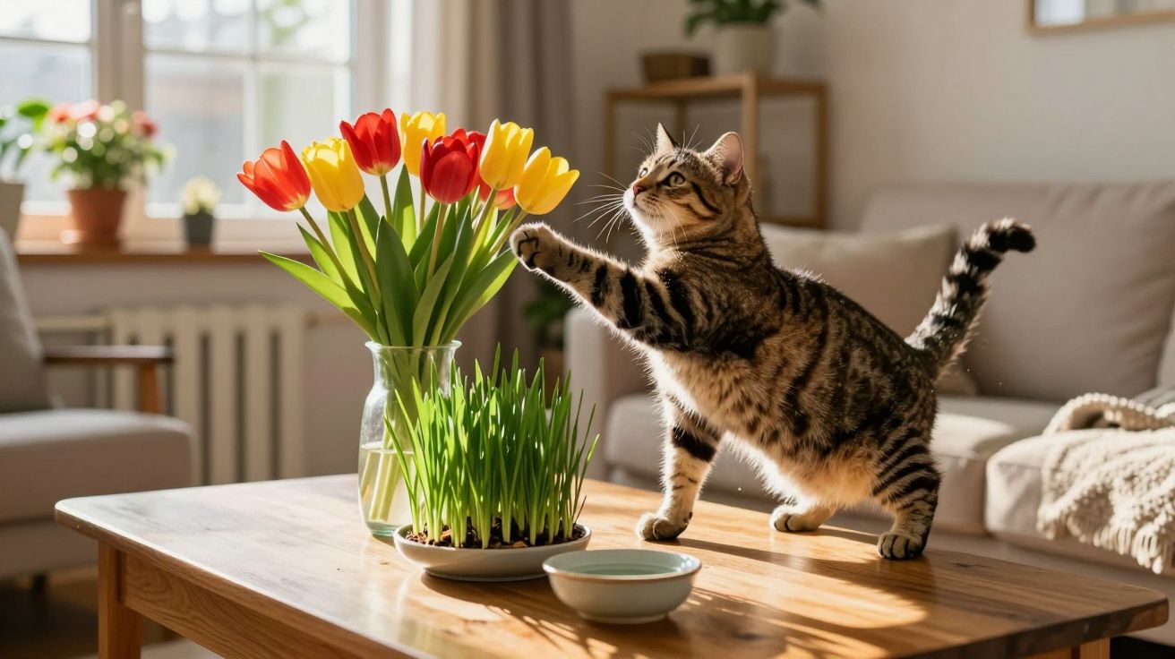 Gato com pelo riscado toca flor vermelha em vaso de tulipas num sofá branco numa sala iluminada pelo sol.
