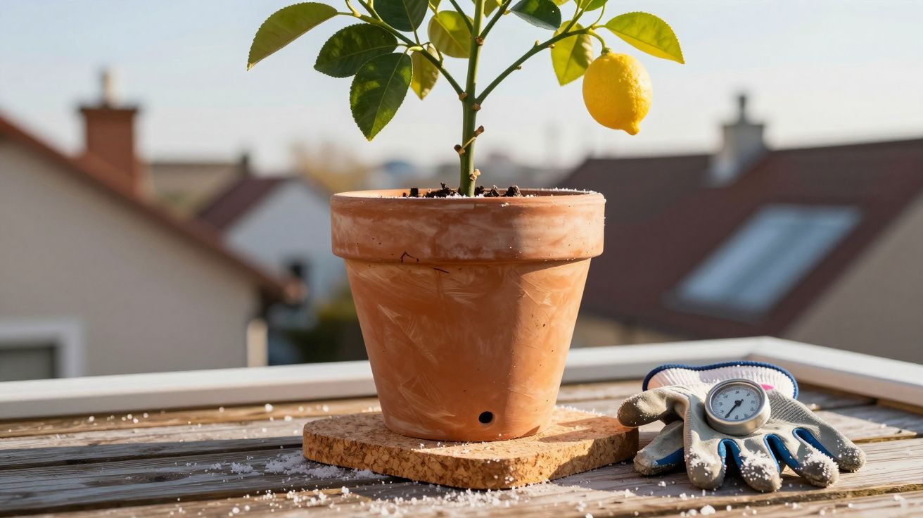 Vaso de barro com planta de limão com um fruto, luvas de jardinagem e termómetro sobre mesa de madeira.