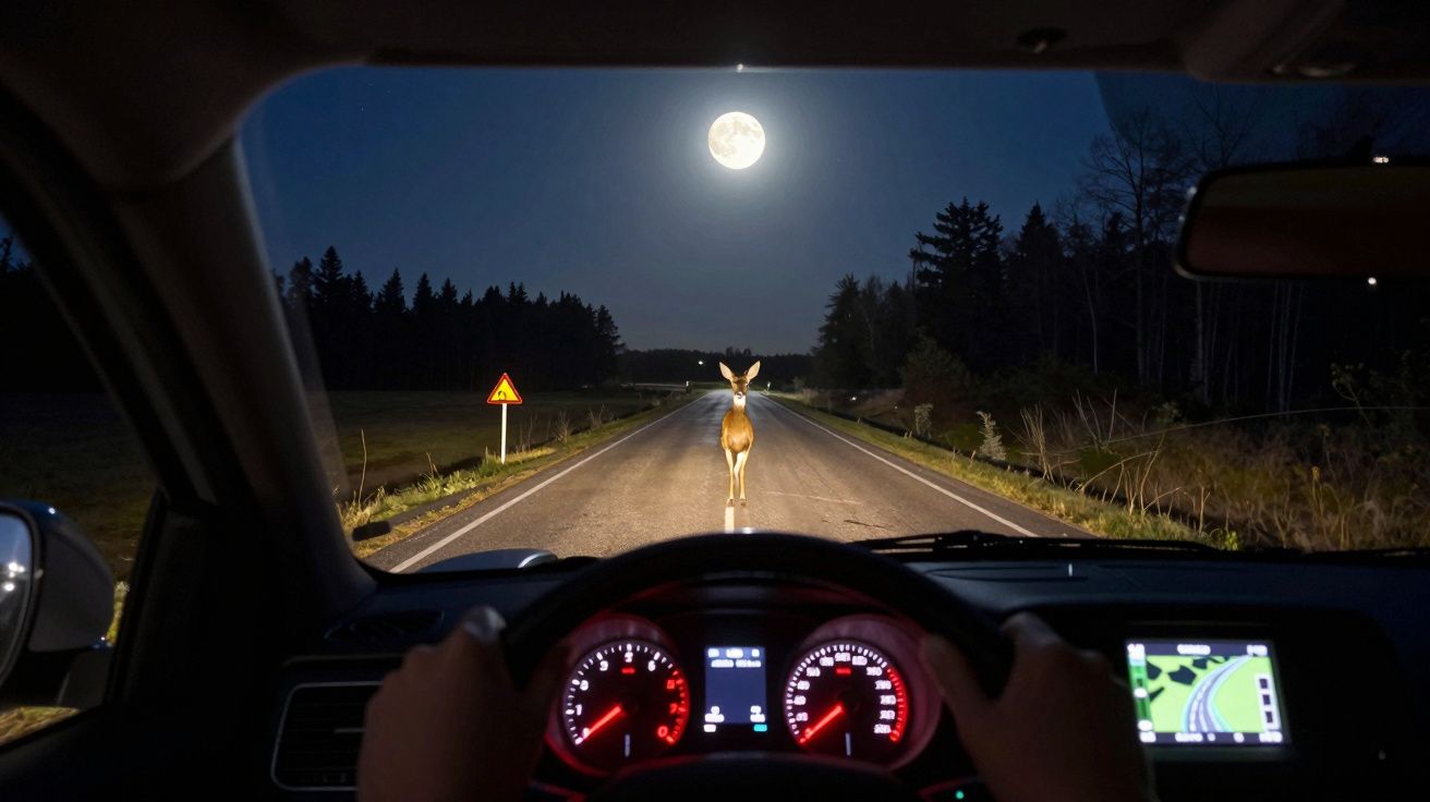 Visão noturna de dentro de carro com veado parado no meio da estrada iluminada pela luz da lua cheia.