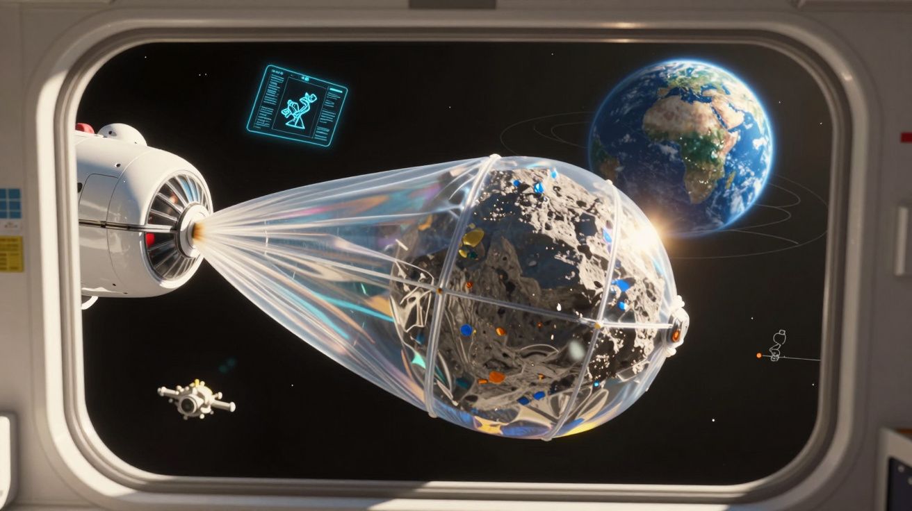 Visto do interior de uma nave espacial, tecnologia envolvendo um asteroide próximo da Terra no espaço.