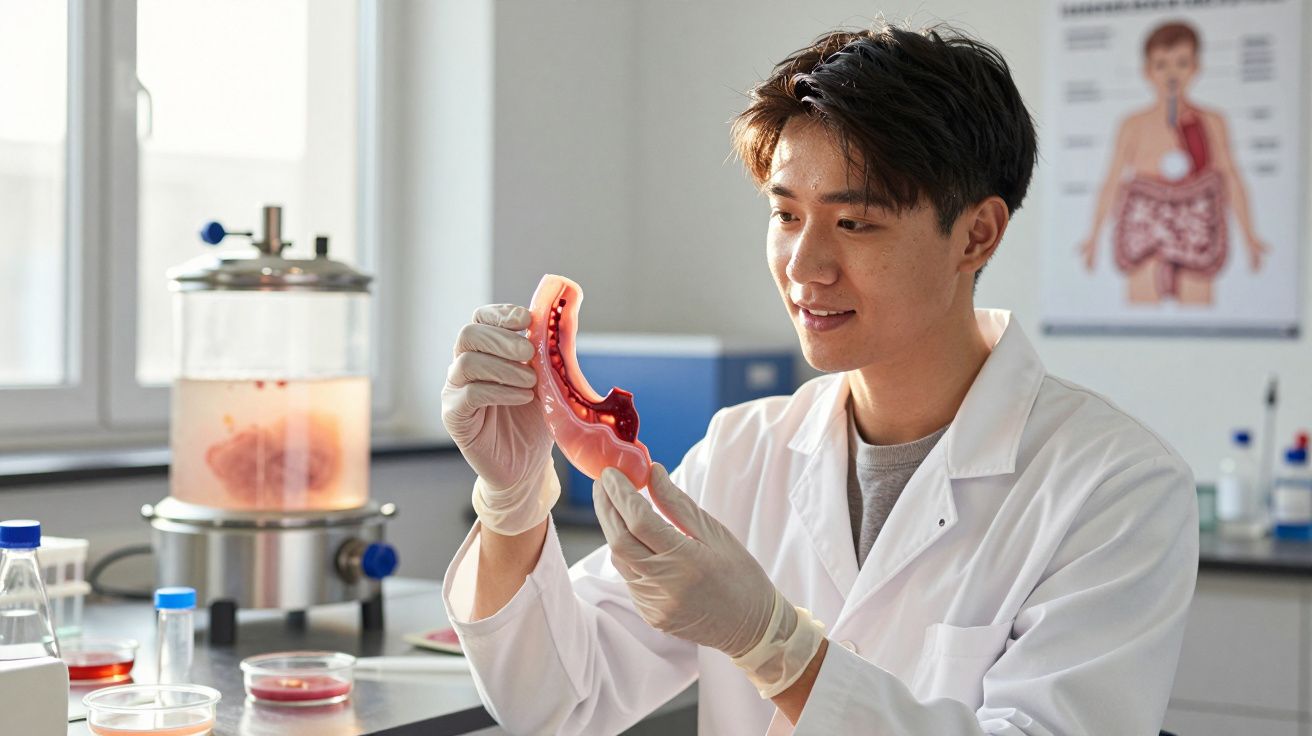 Cientista em bata branca analisa modelo anatómico do intestino num laboratório de investigação biomédica.