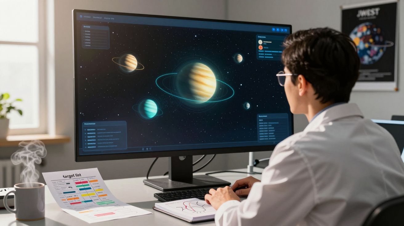 Pessoa a estudar um modelo digital do sistema solar num computador numa sala iluminada.