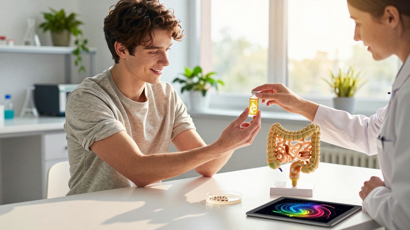 Jovem a consultar médico sobre saúde intestinal, com modelo do sistema digestivo e suplemento vitamínico.