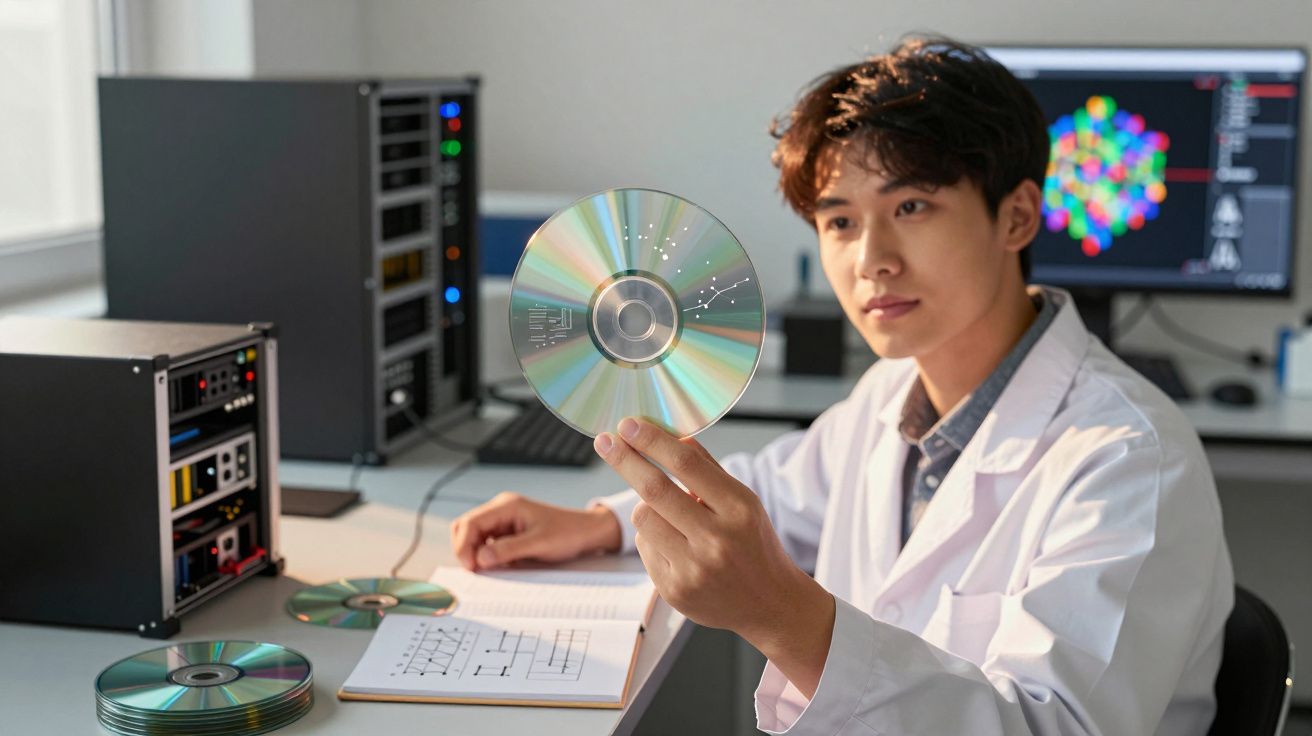 Homem com bata branca analisa CD ao lado de equipamento tecnológico e computador com gráficos coloridos.