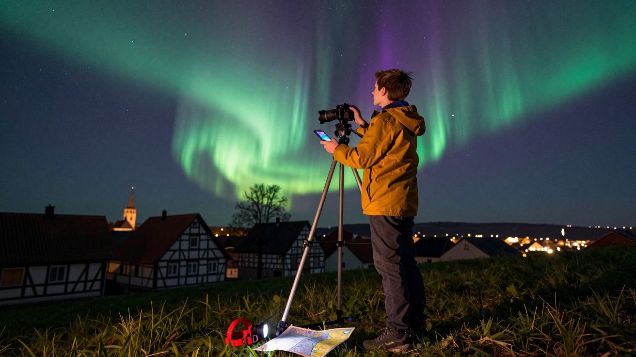 Homem com casaco amarelo fotografa aurora boreal numa vila rural durante a noite, usando tripé e mapa no chão.