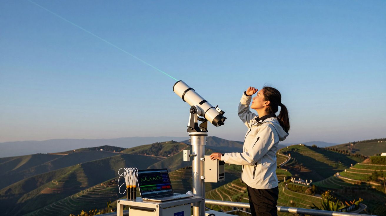 Mulher observa céu com telescópio num cenário de montanhas e vinhas ao pôr do sol.