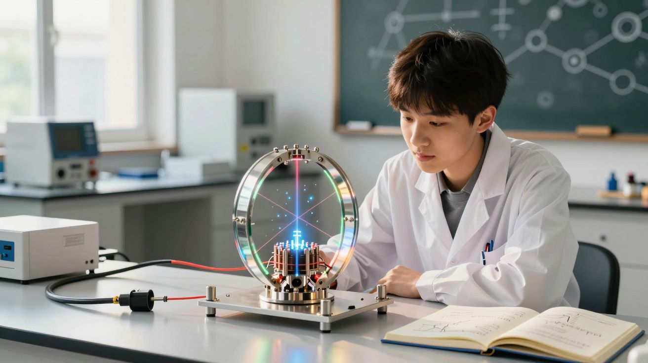 Aluno em bata branca observa experimento científico com lâmpadas e holograma num laboratório escolar.