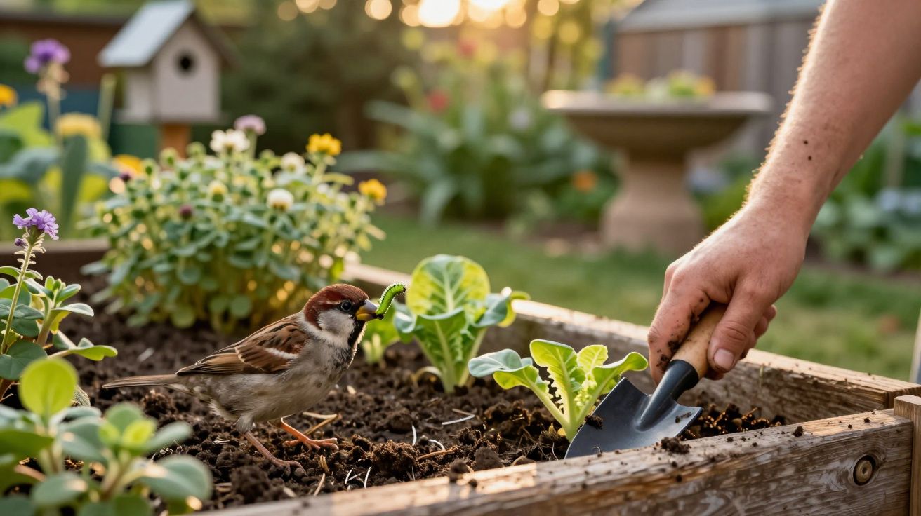 Pássaro com lagarta no bico perto de mão a cavar terra numa horta com plantas jovens e flores.