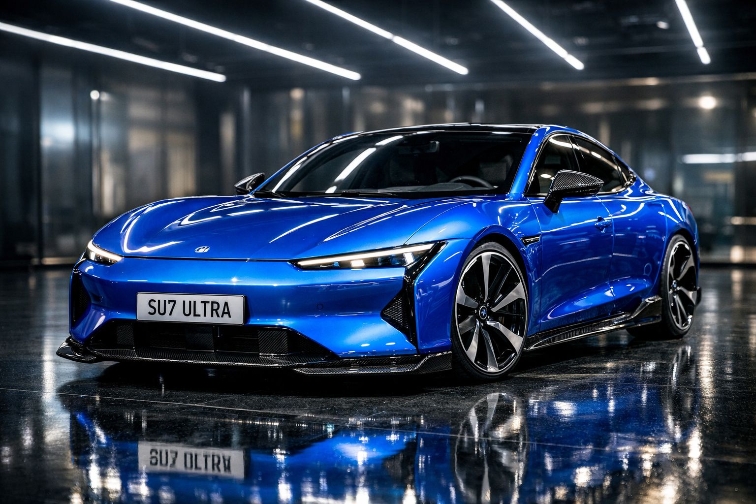 Carro eléctrico azul desportivo com faróis LED, estacionado numa garagem escura e refletido no chão.