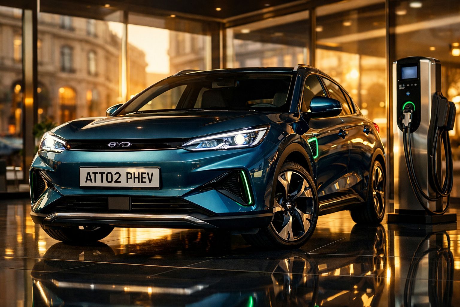 Automóvel elétrico azul a carregar numa estação de carregamento interior com luz natural.