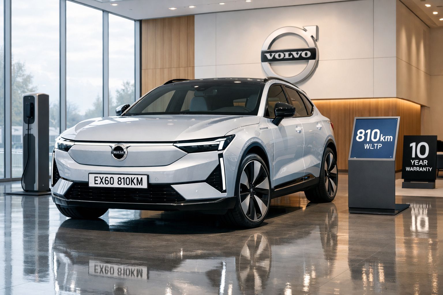 Carro eléctrico Volvo EX60 prateado em showroom com sinalização de autonomia de 810 km e garantia de 10 anos.
