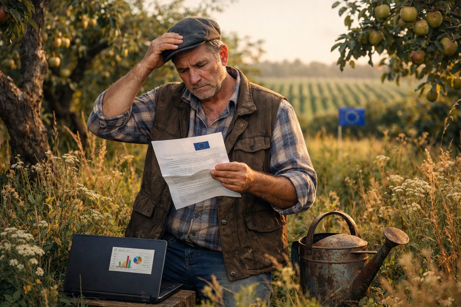 Agricultor preocupado lê carta na quinta, rodeado por ferramentas e laptop com gráficos agrícolas.