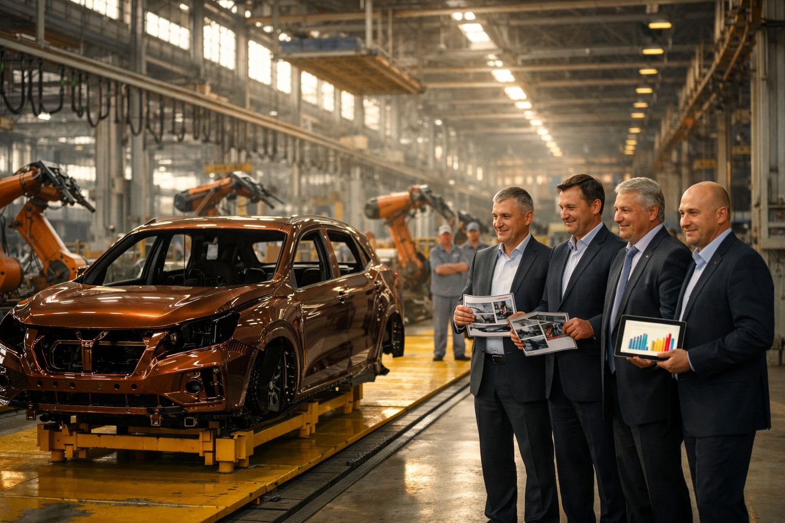 Quatro homens de fato numa fábrica automóvel ao lado de um carro inacabado e braços robóticos em operação.
